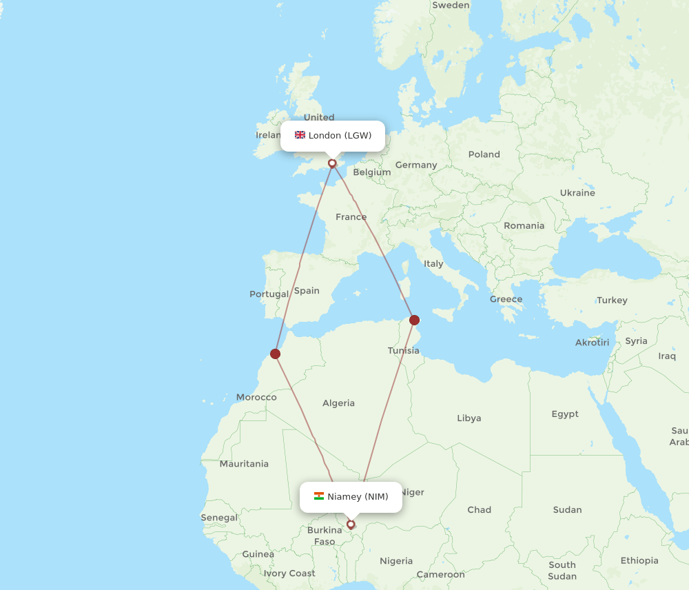 LGW to NIM flights and routes map