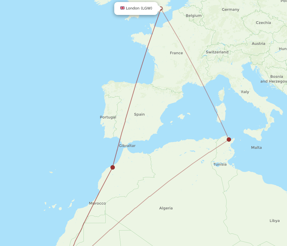 LGW to NKC flights and routes map