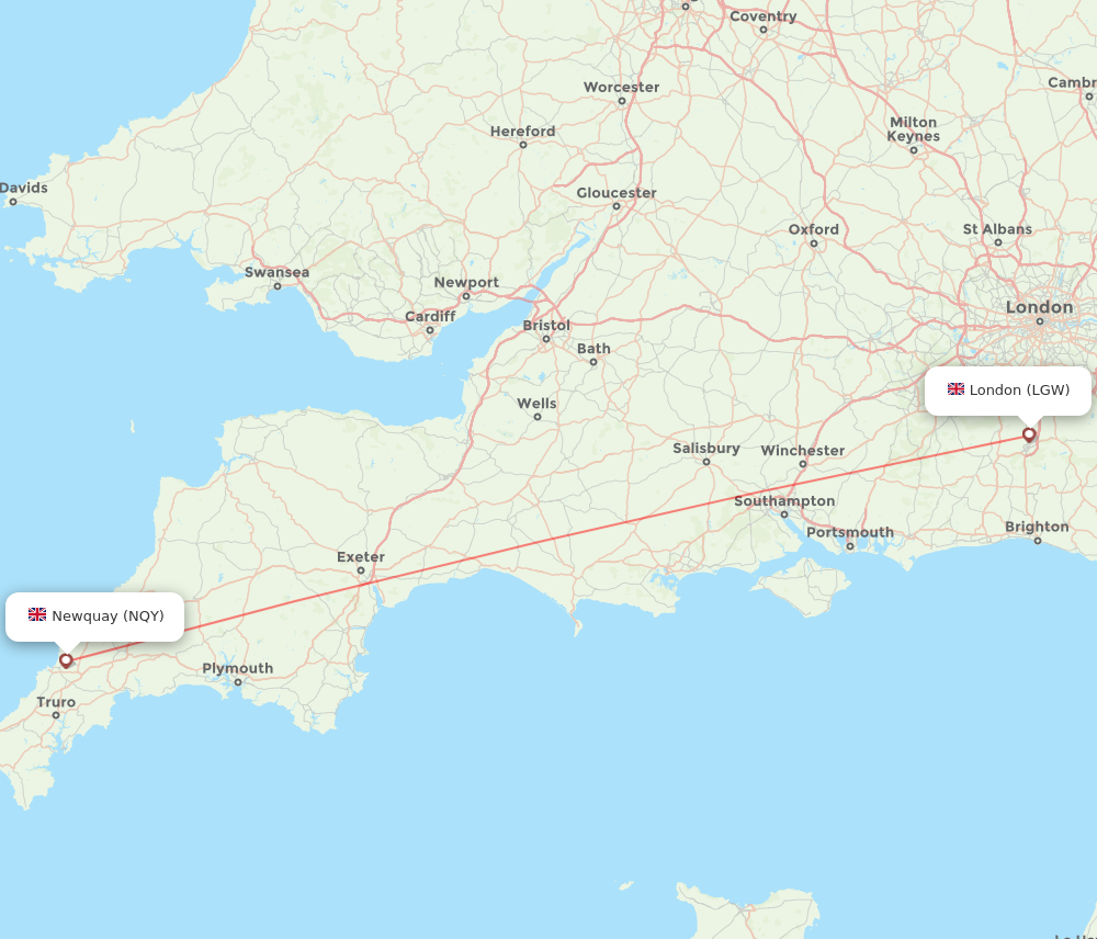 LGW to NQY flights and routes map