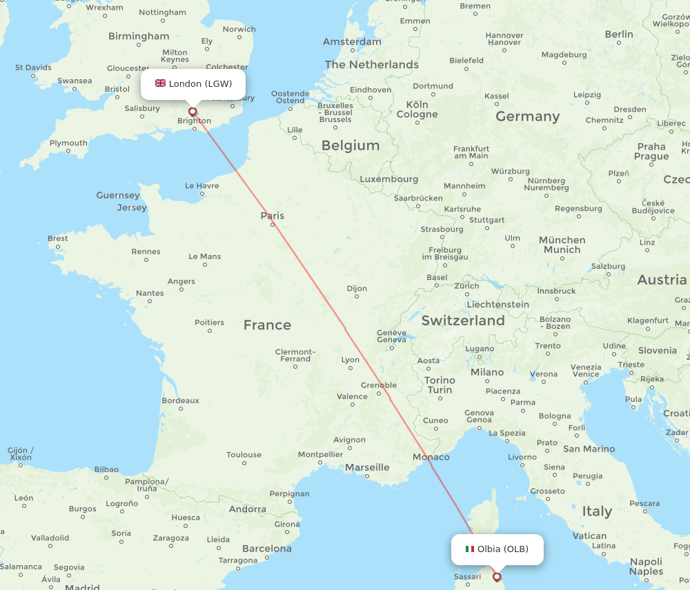 LGW to OLB flights and routes map