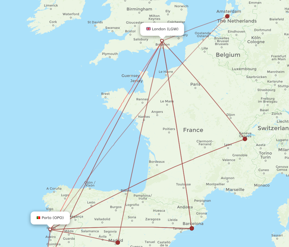 LGW to OPO flights and routes map
