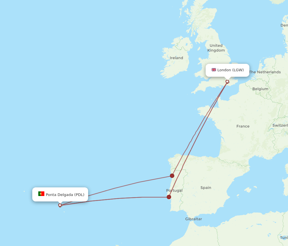 LGW to PDL flights and routes map