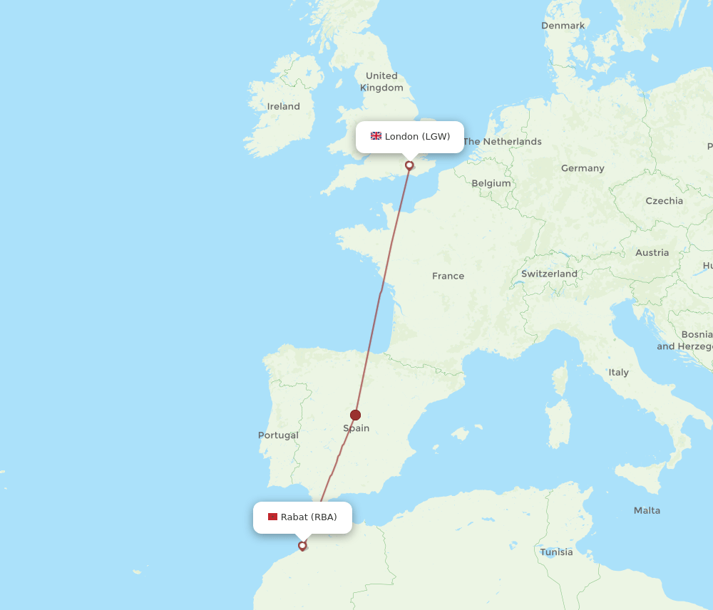London - Rabat route map and flight paths
