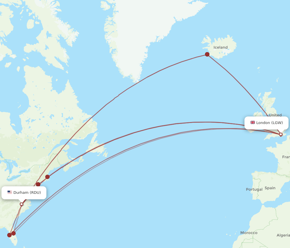 LGW to RDU flights and routes map