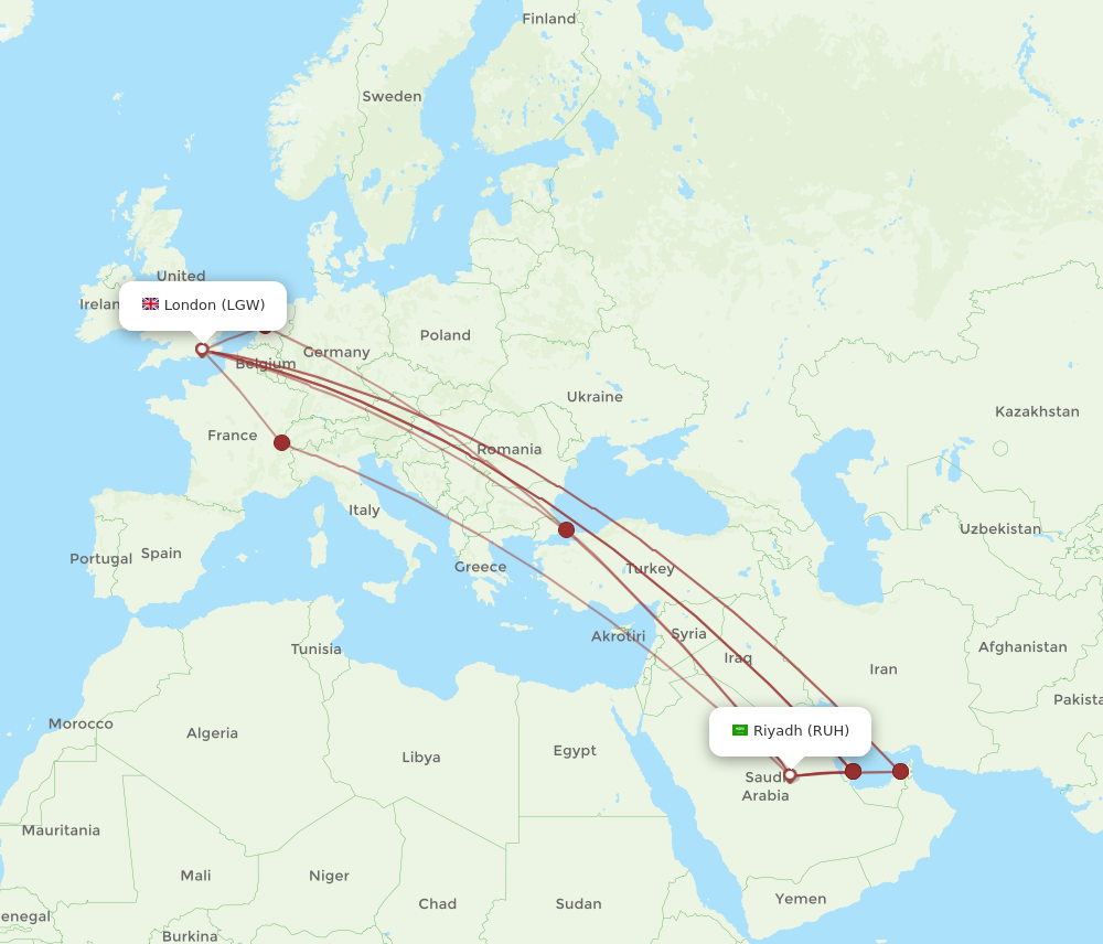 LGW to RUH flights and routes map