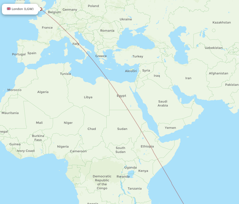 LGW to RUN flights and routes map