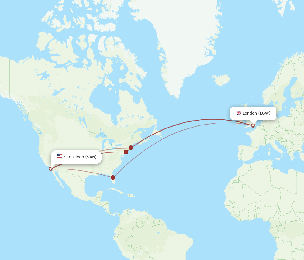 LGW to SAN flights and routes map