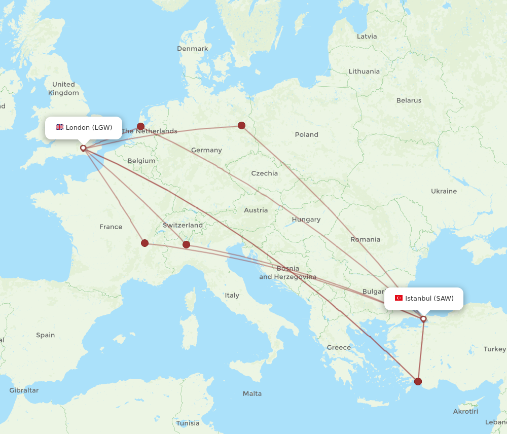 LGW to SAW flights and routes map