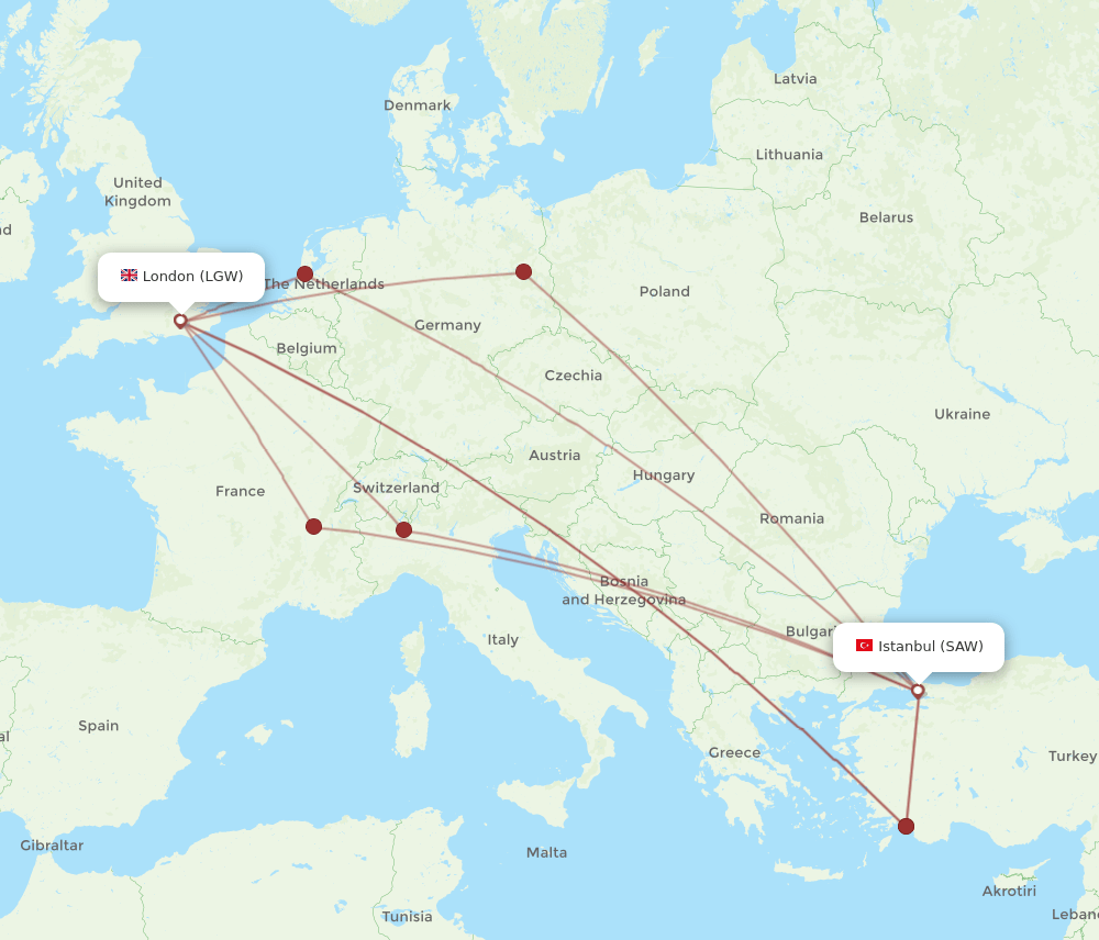 London - Istanbul route map and flight paths