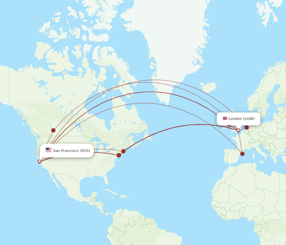 LGW to SFO flights and routes map