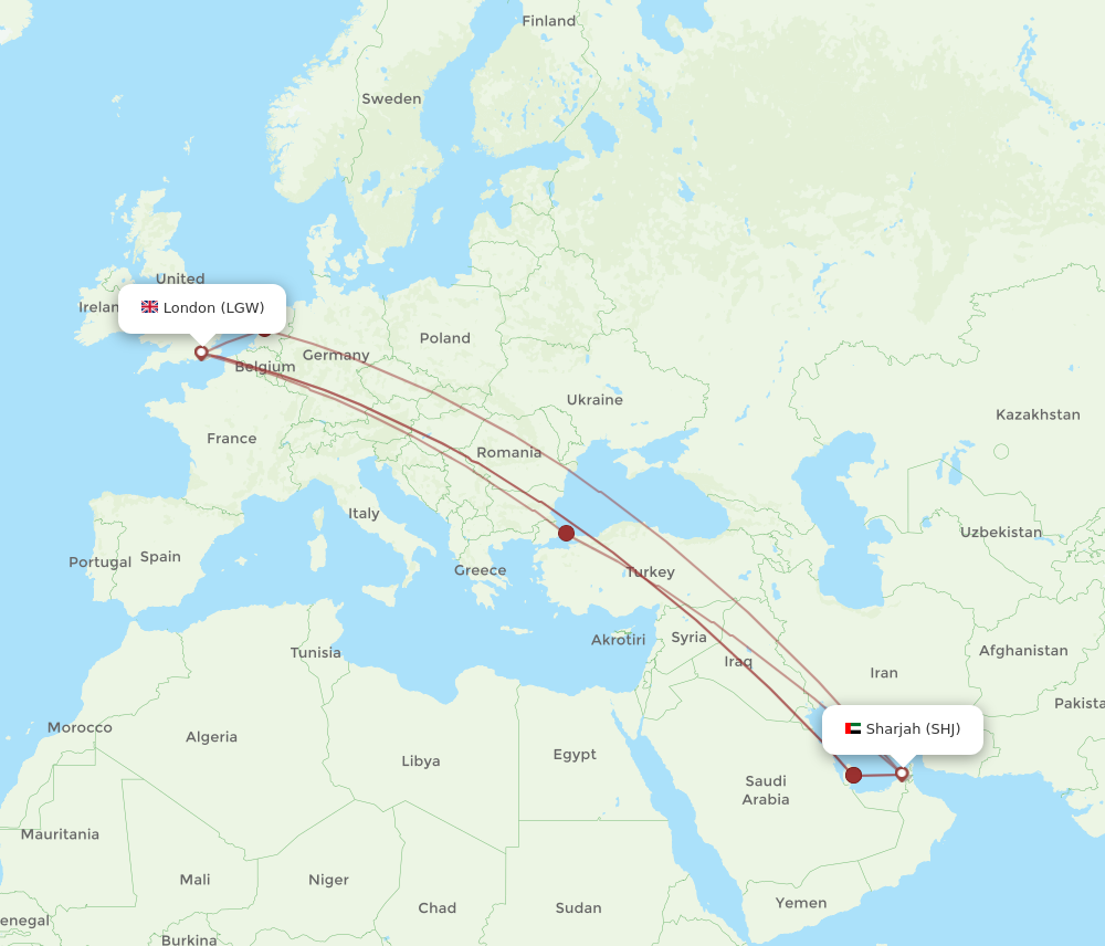 LGW to SHJ flights and routes map