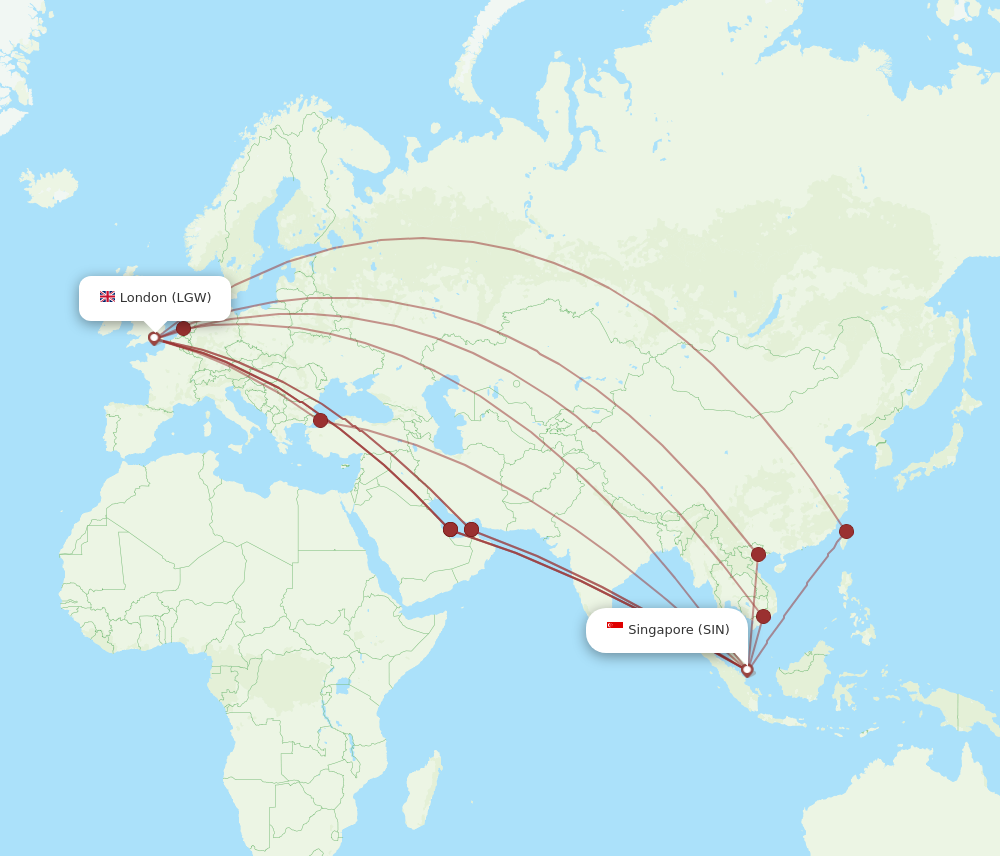LGW to SIN flights and routes map