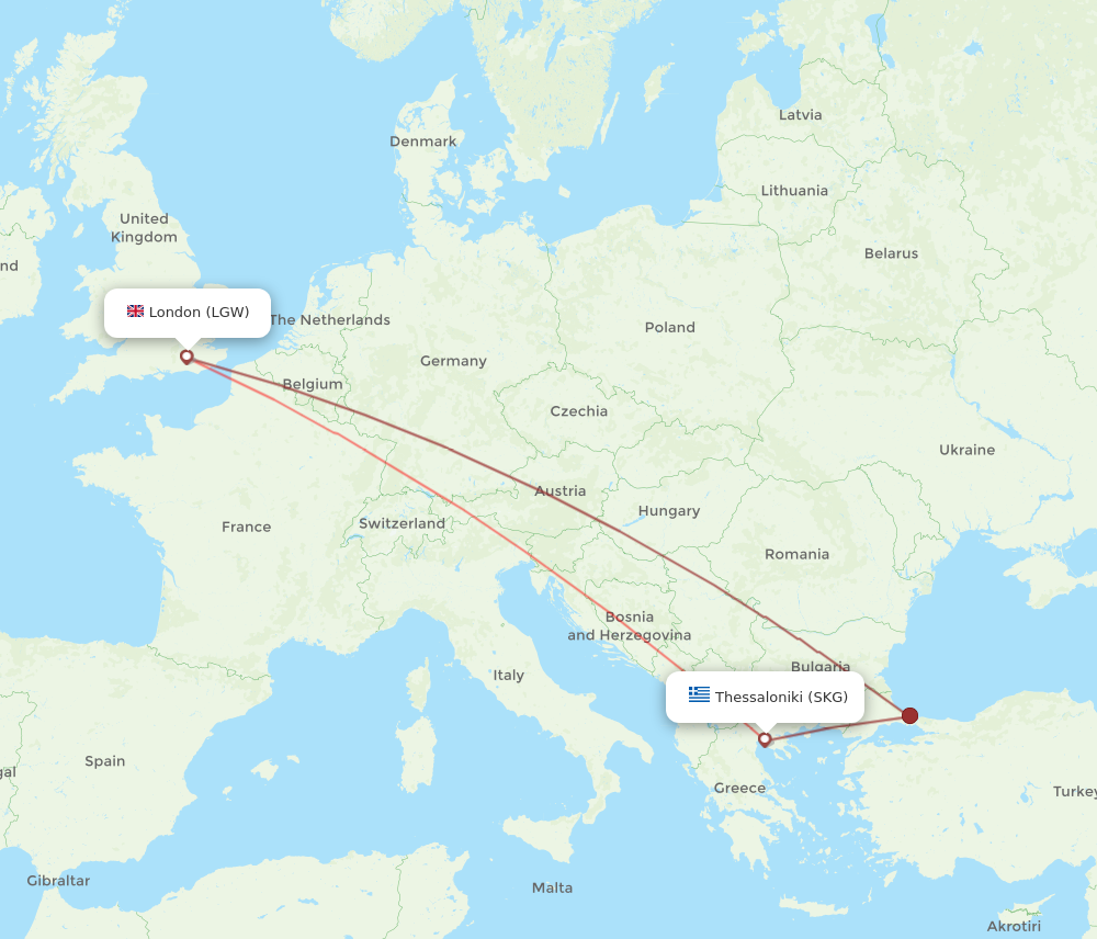 LGW to SKG flights and routes map