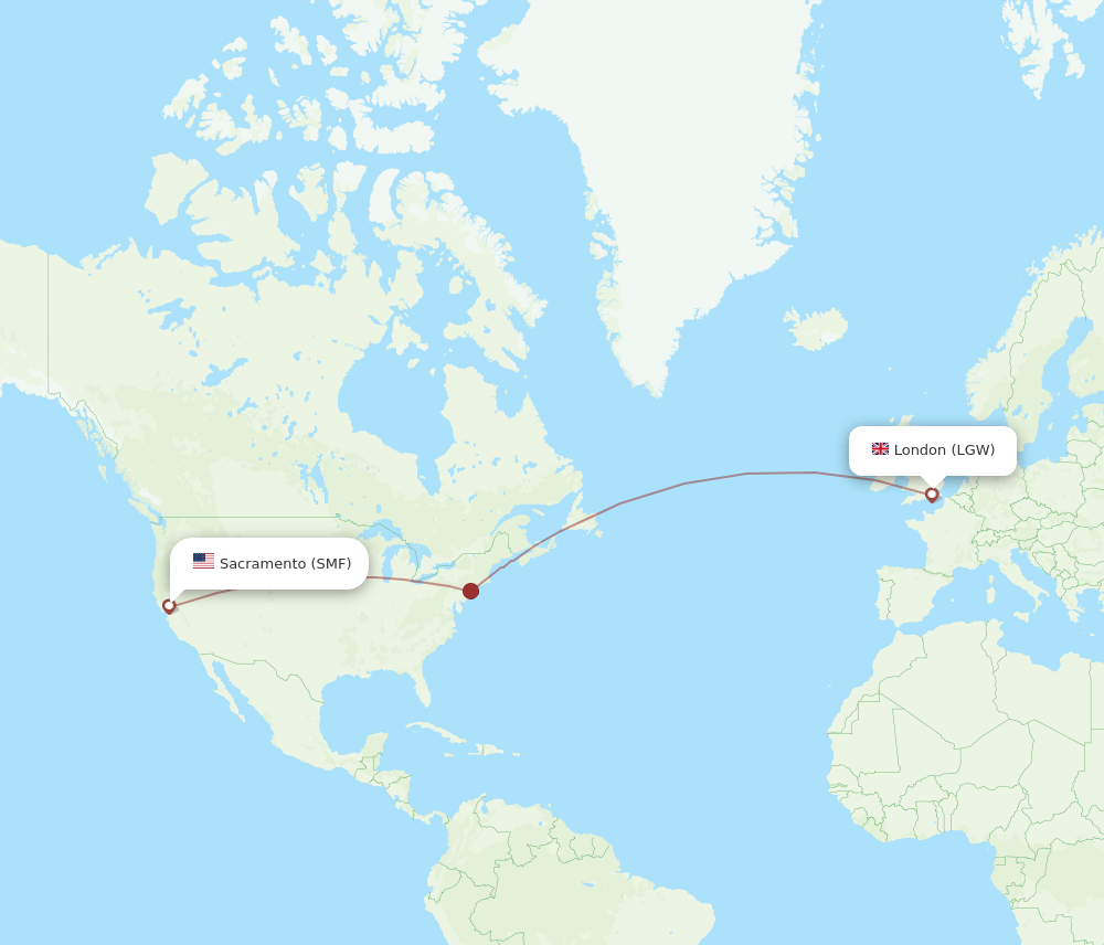 Sacramento - London route map and flight paths