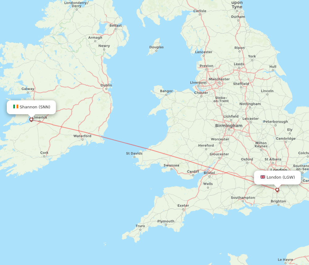 London - Shannon route map and flight paths