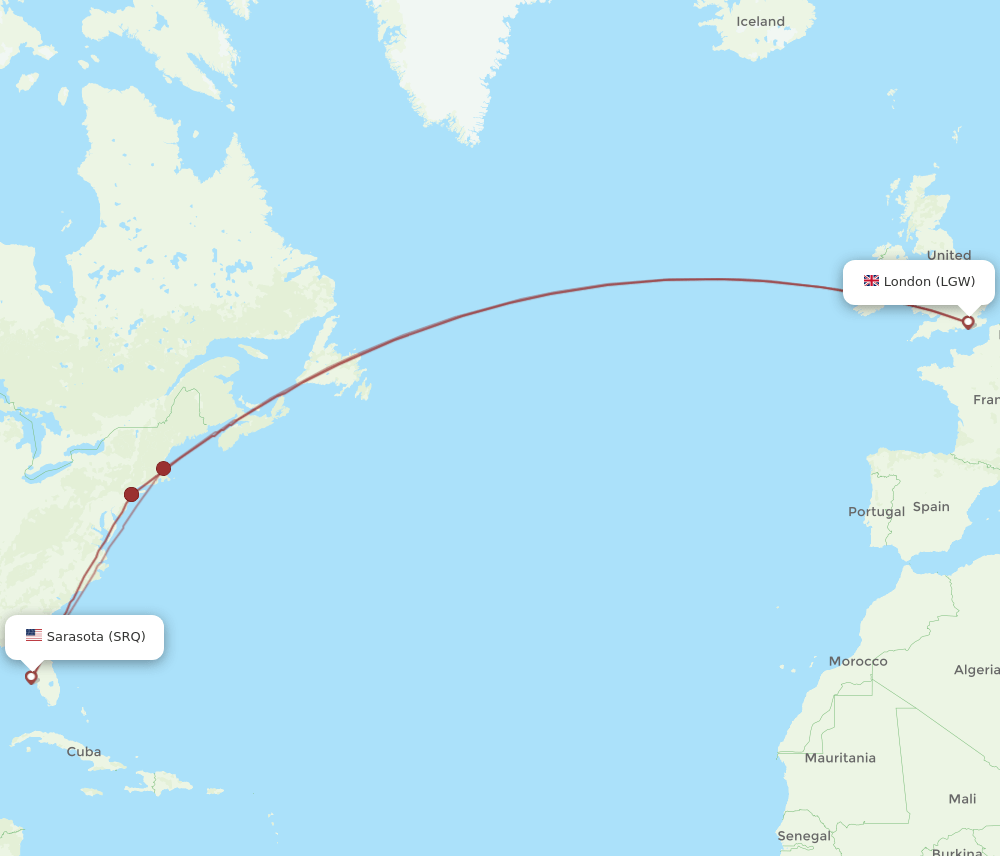LGW to SRQ flights and routes map
