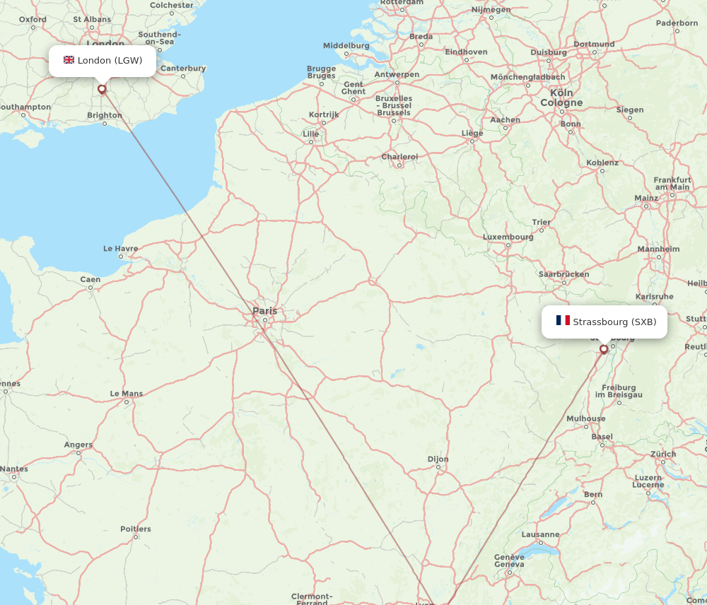 London - Strasbourg route map and flight paths