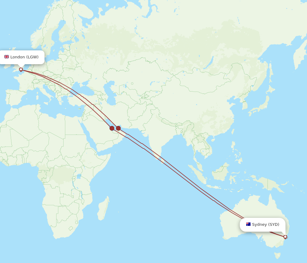 LGW to SYD flights and routes map
