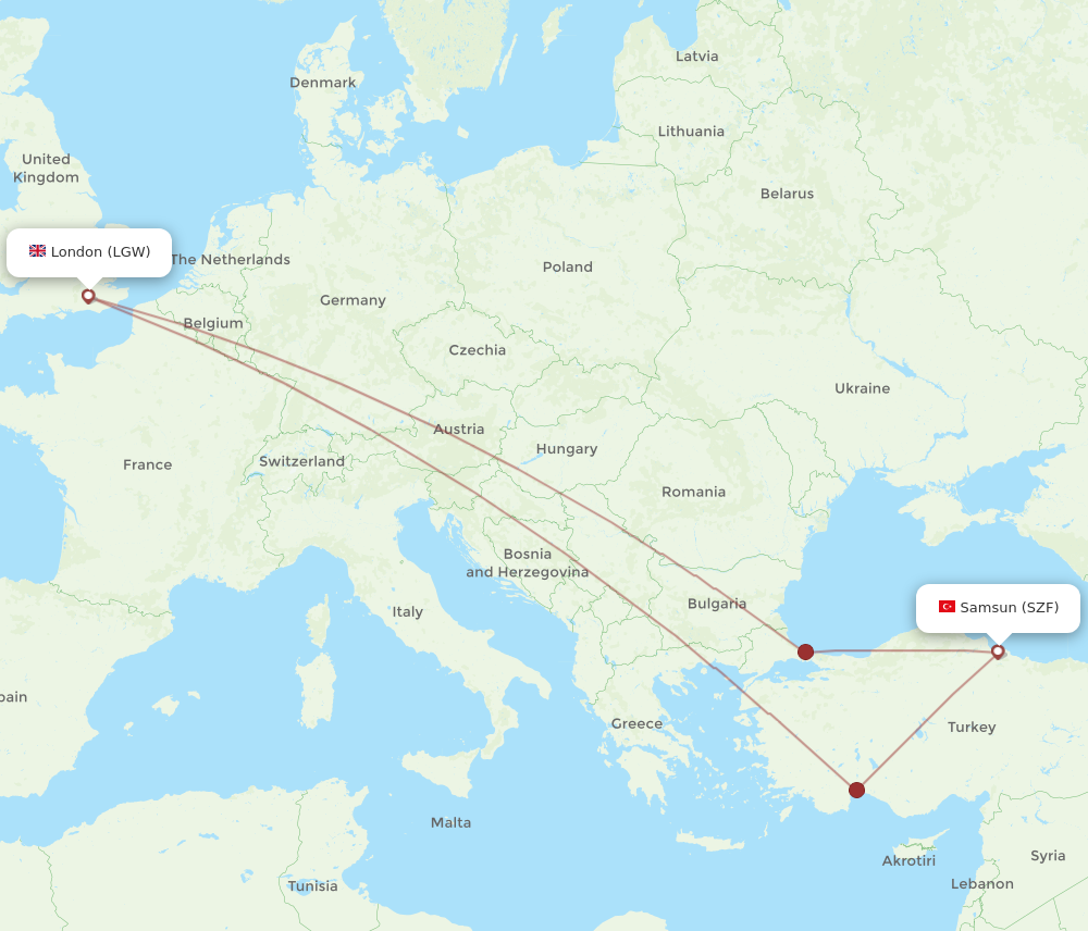 LGW to SZF flights and routes map