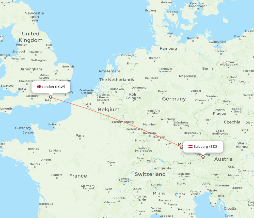London - Salzburg route map and flight paths