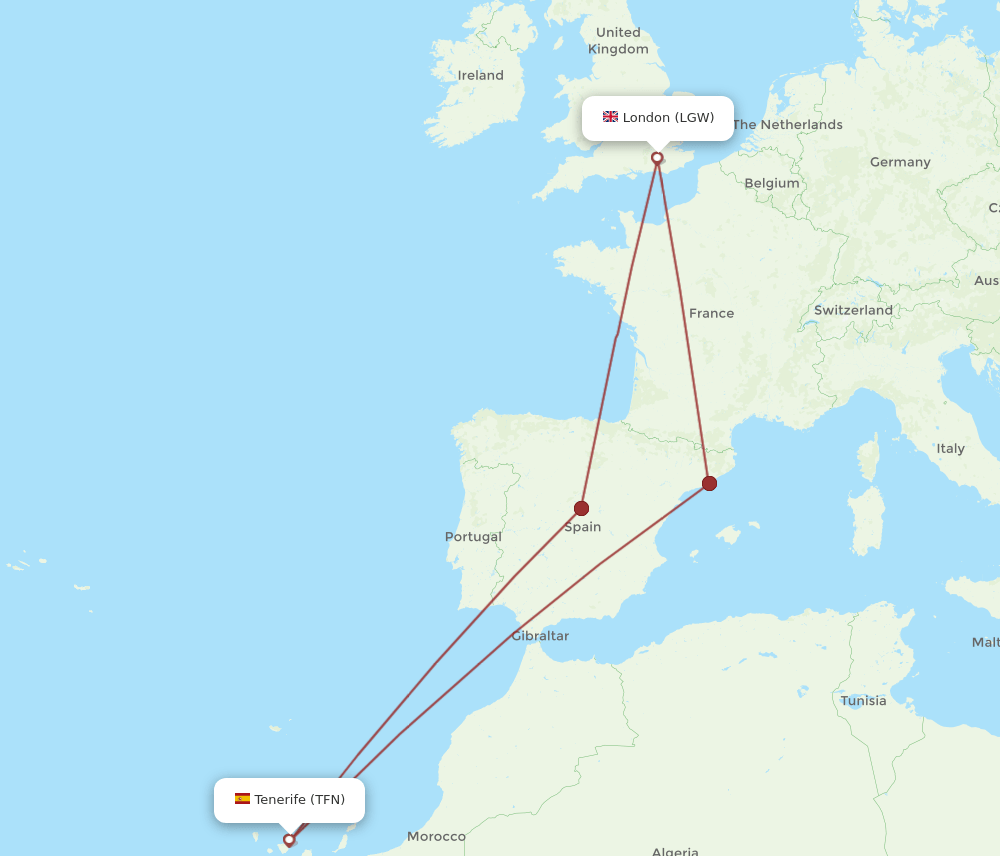 LGW-TFN flight routes