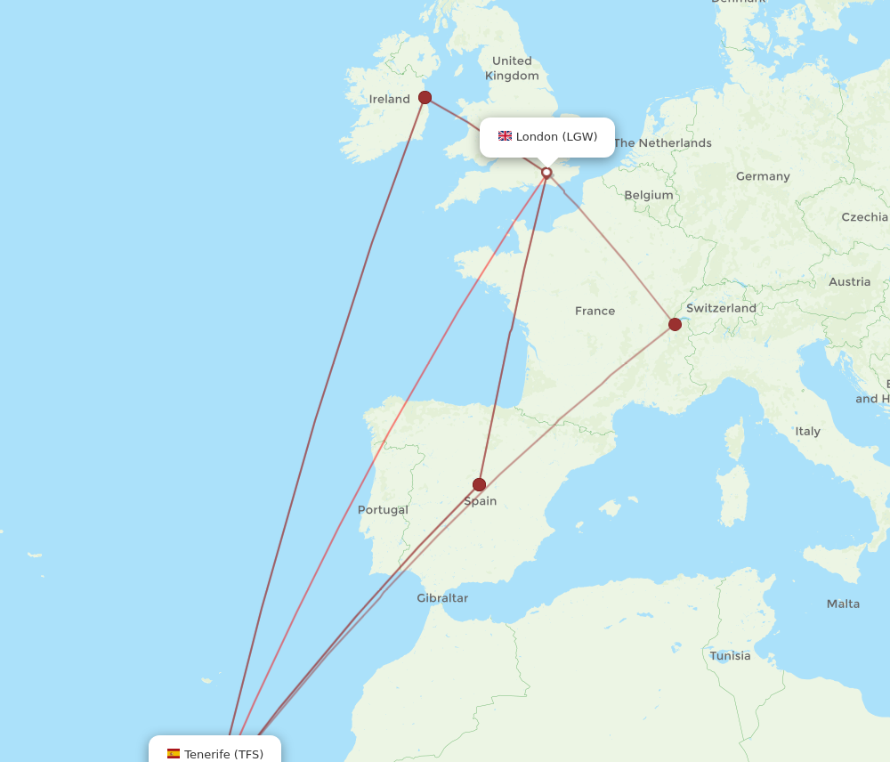 LGW to TFS flights and routes map