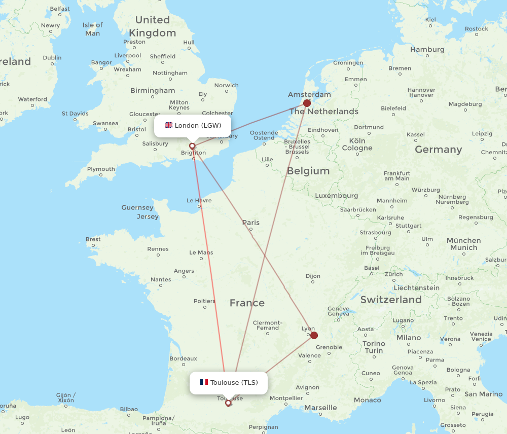 LGW to TLS flights and routes map