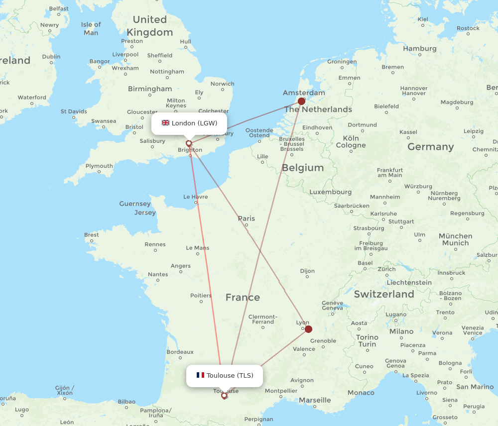 LGW to TLS flights and routes map