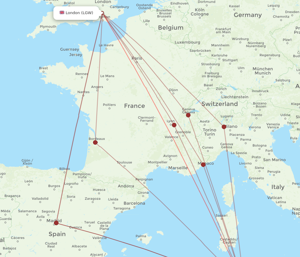 LGW to TUN flights and routes map