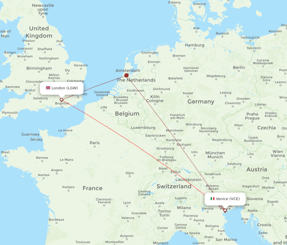 LGW to VCE flights and routes map