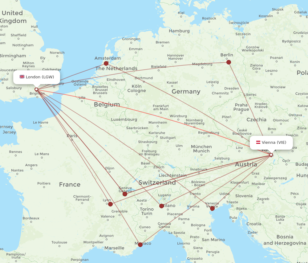 LGW to VIE flights and routes map