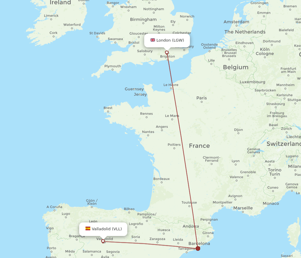 London - Valladolid route map and flight paths