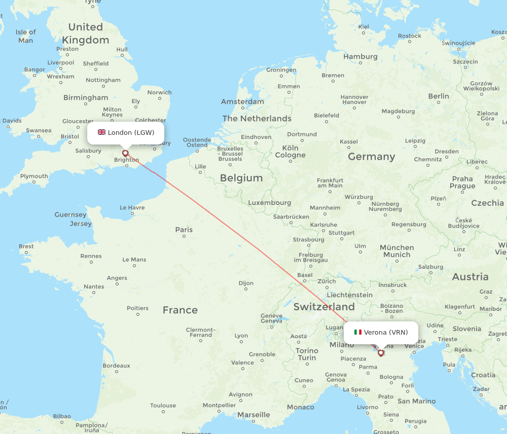 London - Verona route map and flight paths