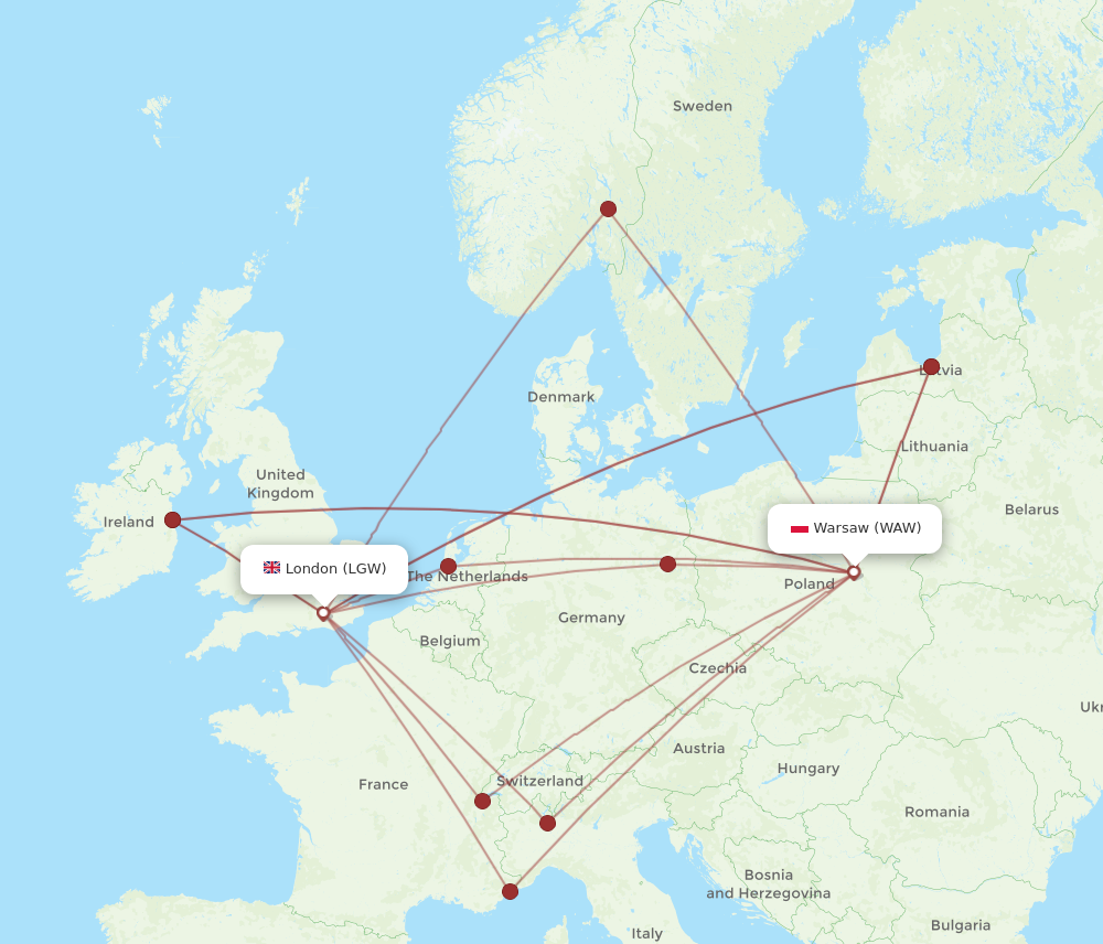 LGW to WAW flights and routes map