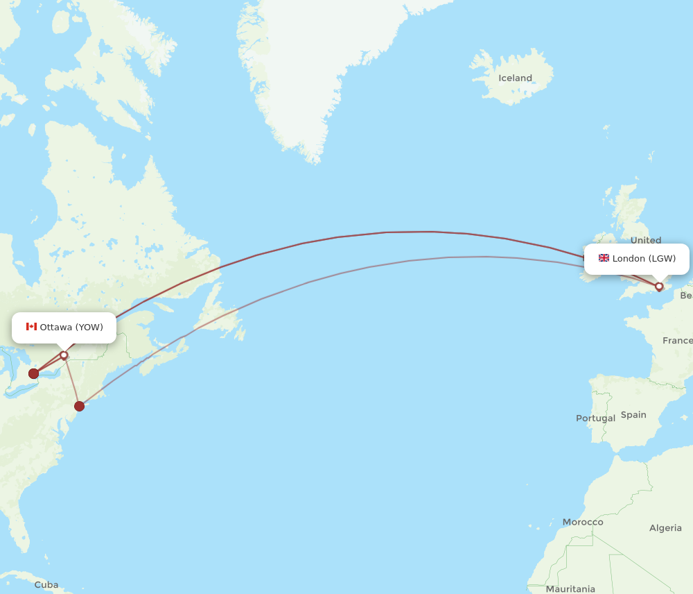 LGW to YOW flights and routes map