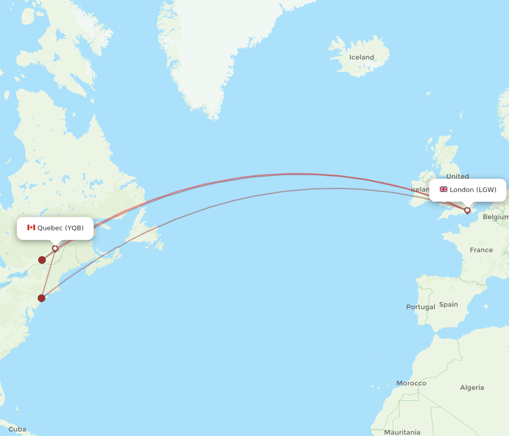 LGW to YQB flights and routes map