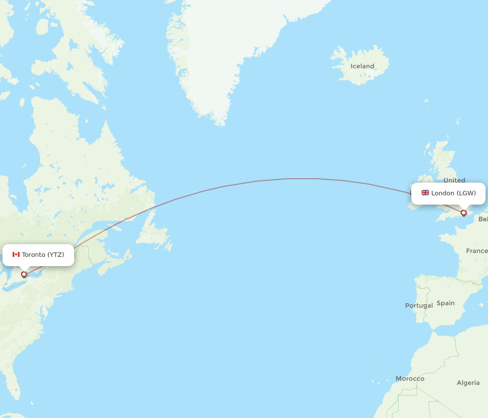 LGW to YTZ flights and routes map