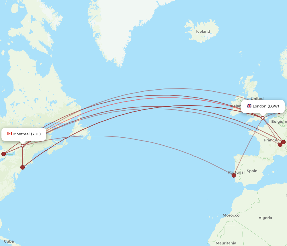 LGW to YUL flights and routes map