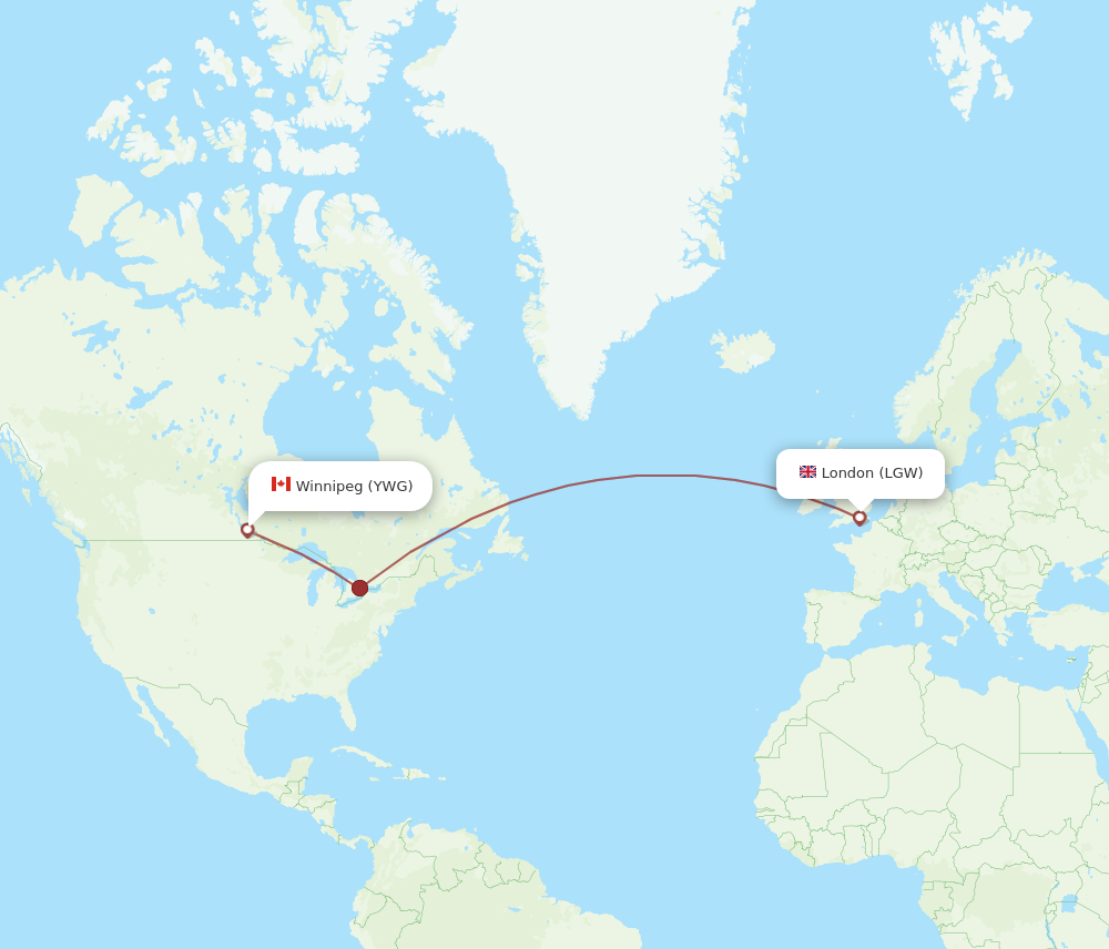 YWG to LGW flights and routes map