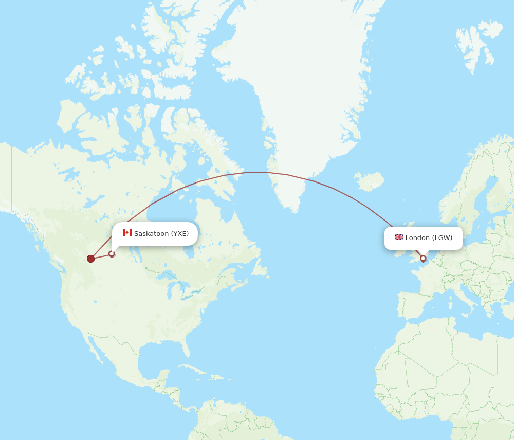 YXE to LGW flights and routes map