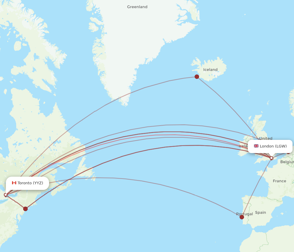 LGW to YYZ flights and routes map