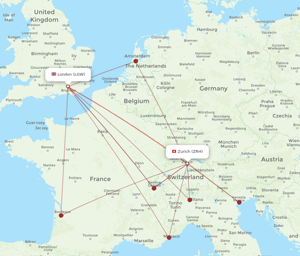 LGW to ZRH flights and routes map