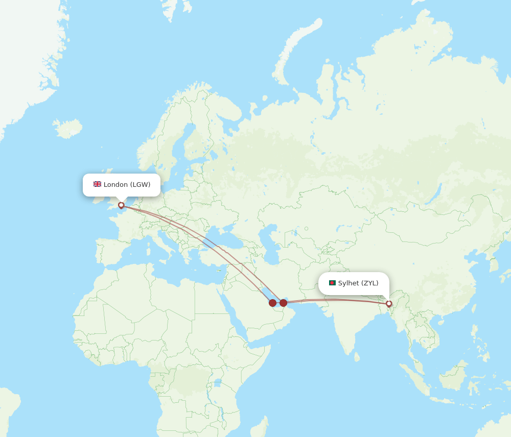 ZYL to LGW flights and routes map