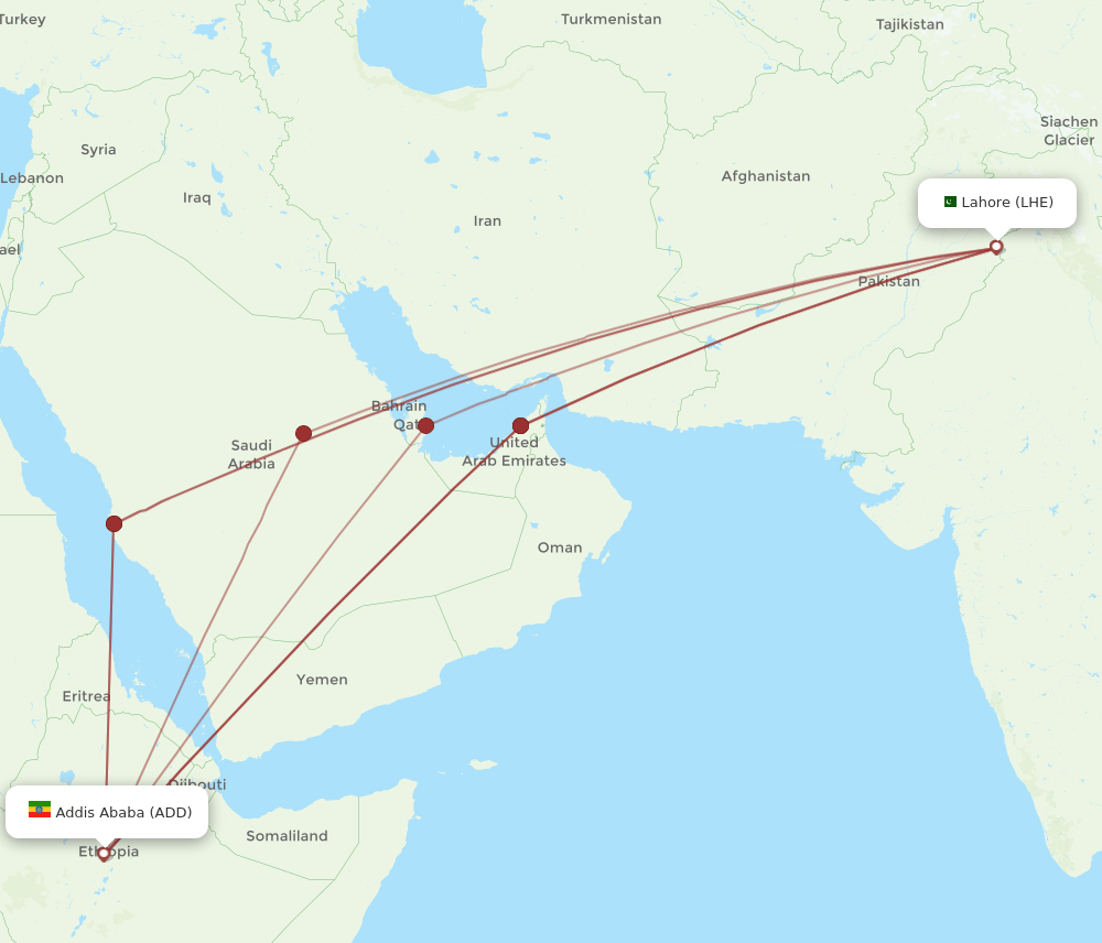 LHE-ADD flight routes