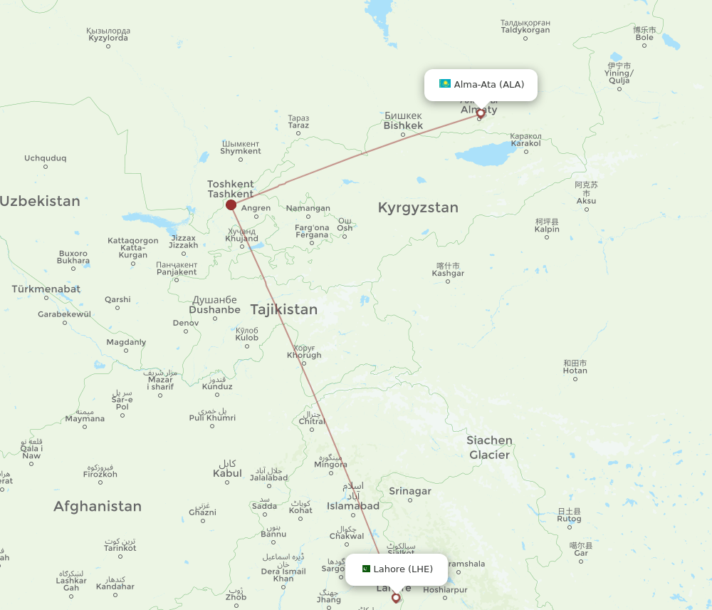 Almaty - Lahore route map and flight paths