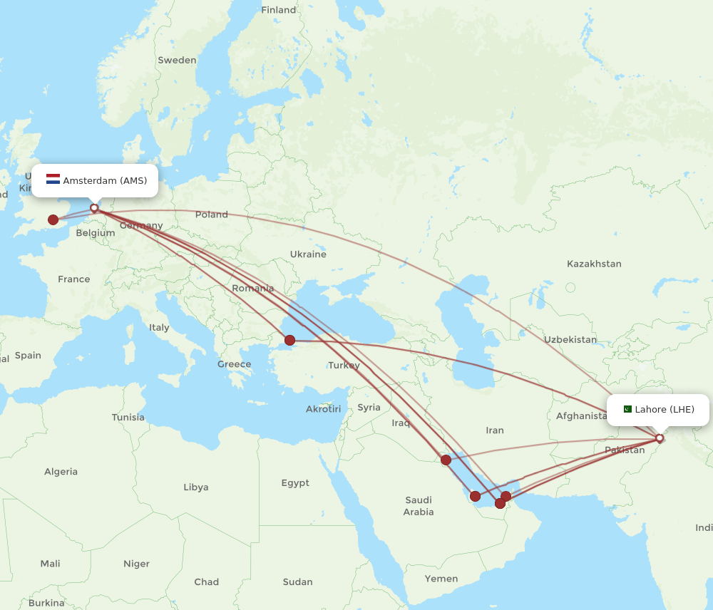 LHE to AMS flights and routes map