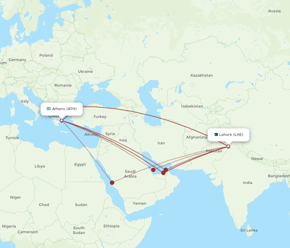 LHE-ATH flight routes