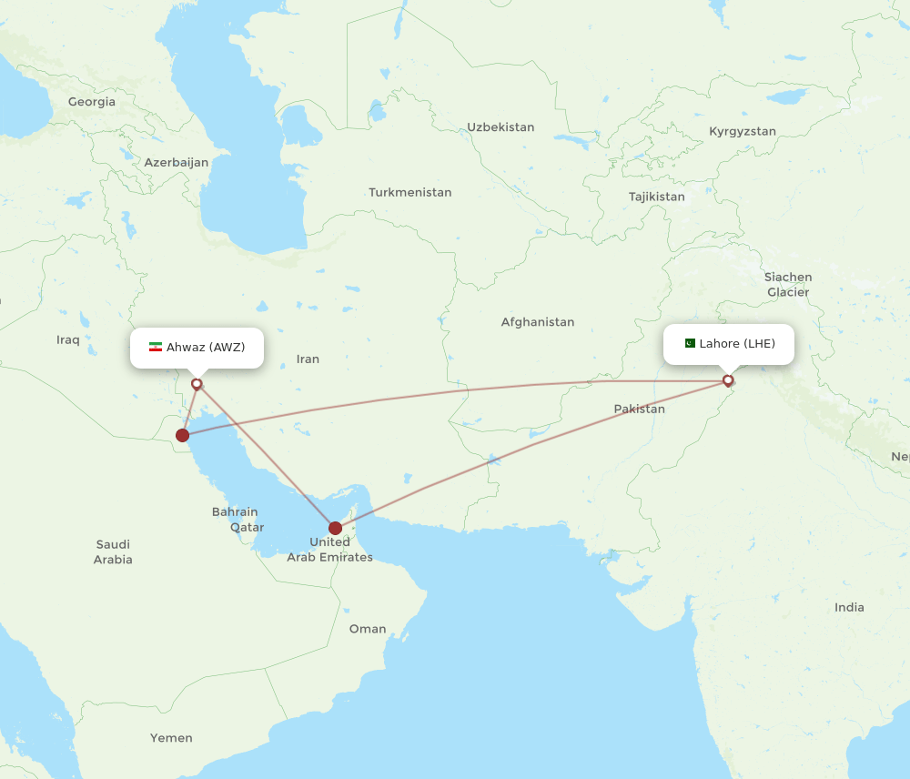 LHE to AWZ flights and routes map
