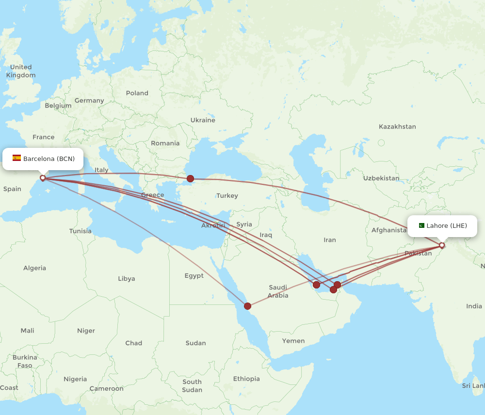 LHE-BCN flight routes