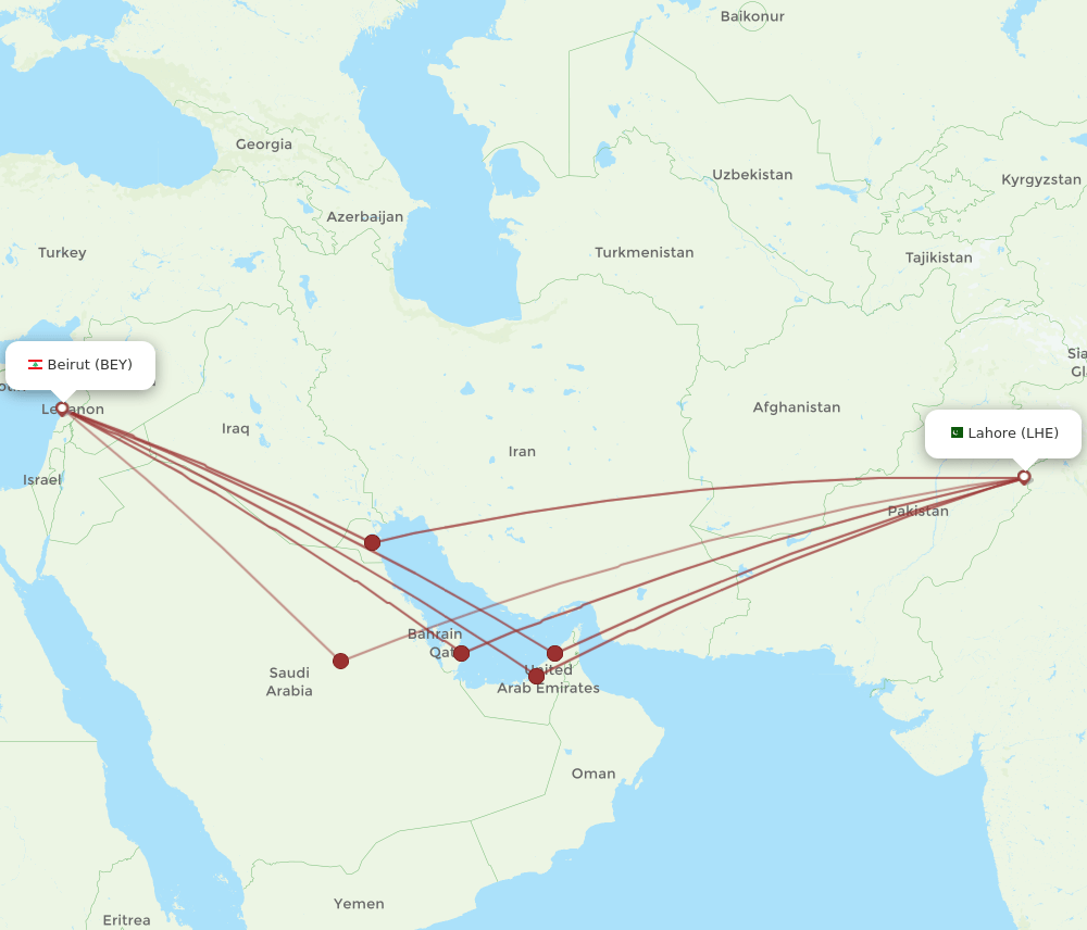 LHE to BEY flights and routes map